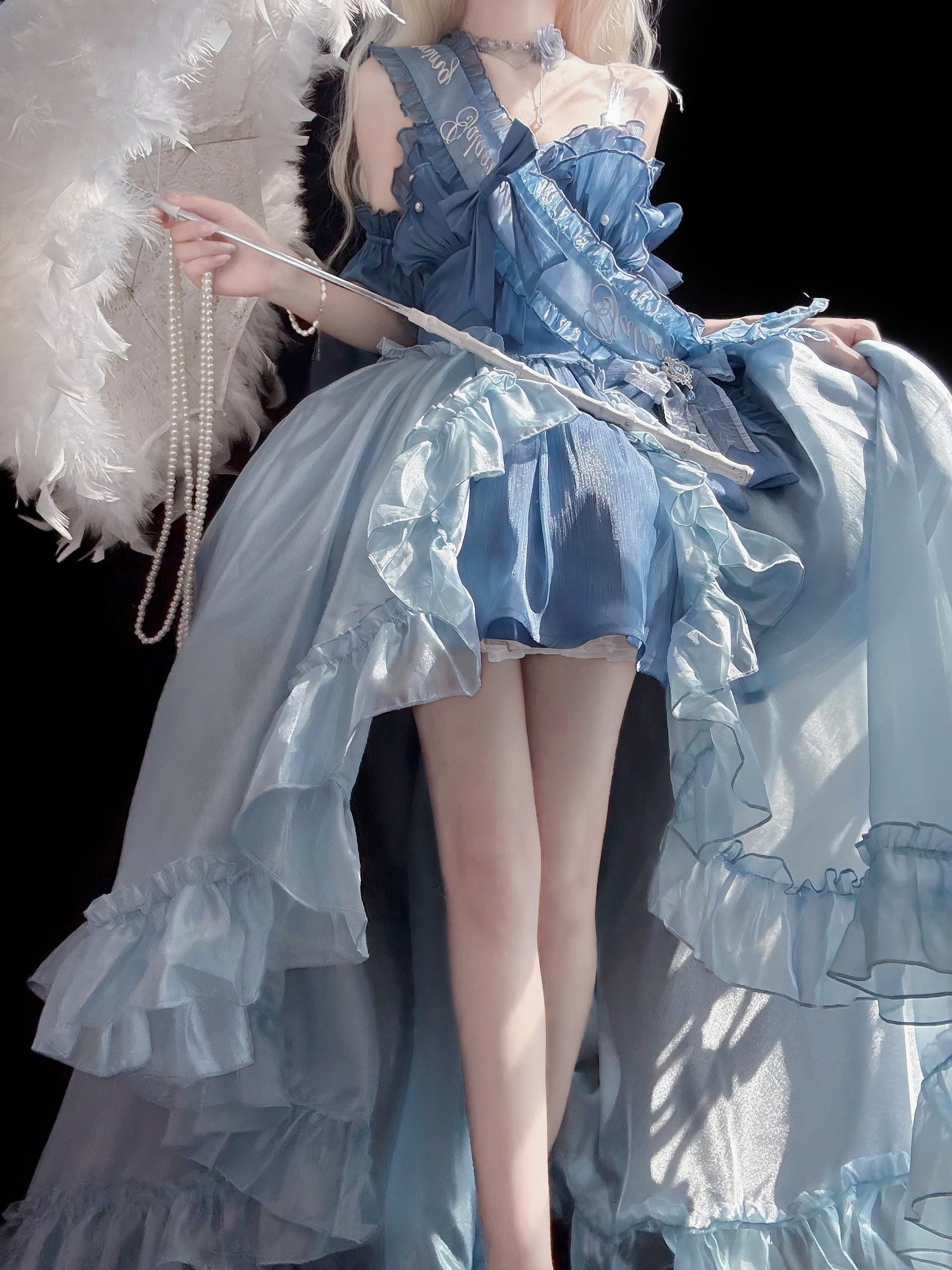 Hime Lolita Ethereal Blue Ruffled Off - Shoulder Sweet Lolita Dress with Bow Accents Lolita Dress