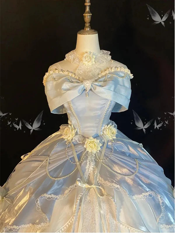 [Pre]Hime Lolita Tea Party Fashion Blue Rose Evening Dress Lolita Skirt Birthday Bar Mitzvah Gorgeous Elegant Big Flower Wedding Princess Dress One Piece Dress