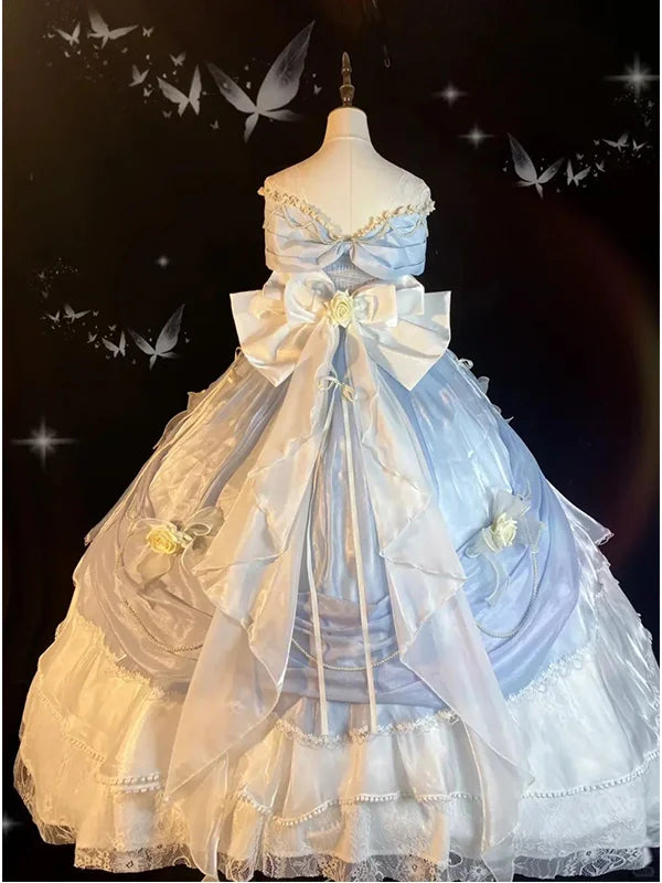 [Pre]Hime Lolita Tea Party Fashion Blue Rose Evening Dress Lolita Skirt Birthday Bar Mitzvah Gorgeous Elegant Big Flower Wedding Princess Dress One Piece Dress