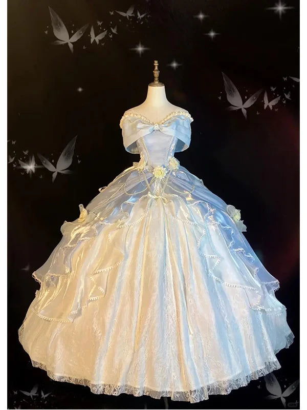 [Pre]Hime Lolita Tea Party Fashion Blue Rose Evening Dress Lolita Skirt Birthday Bar Mitzvah Gorgeous Elegant Big Flower Wedding Princess Dress One Piece Dress