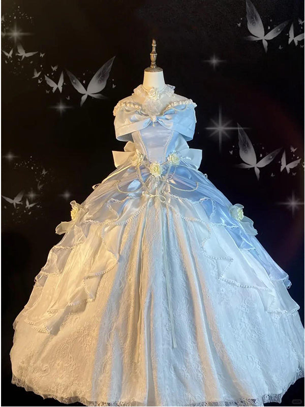 [Pre]Hime Lolita Tea Party Fashion Blue Rose Evening Dress Lolita Skirt Birthday Bar Mitzvah Gorgeous Elegant Big Flower Wedding Princess Dress One Piece Dress