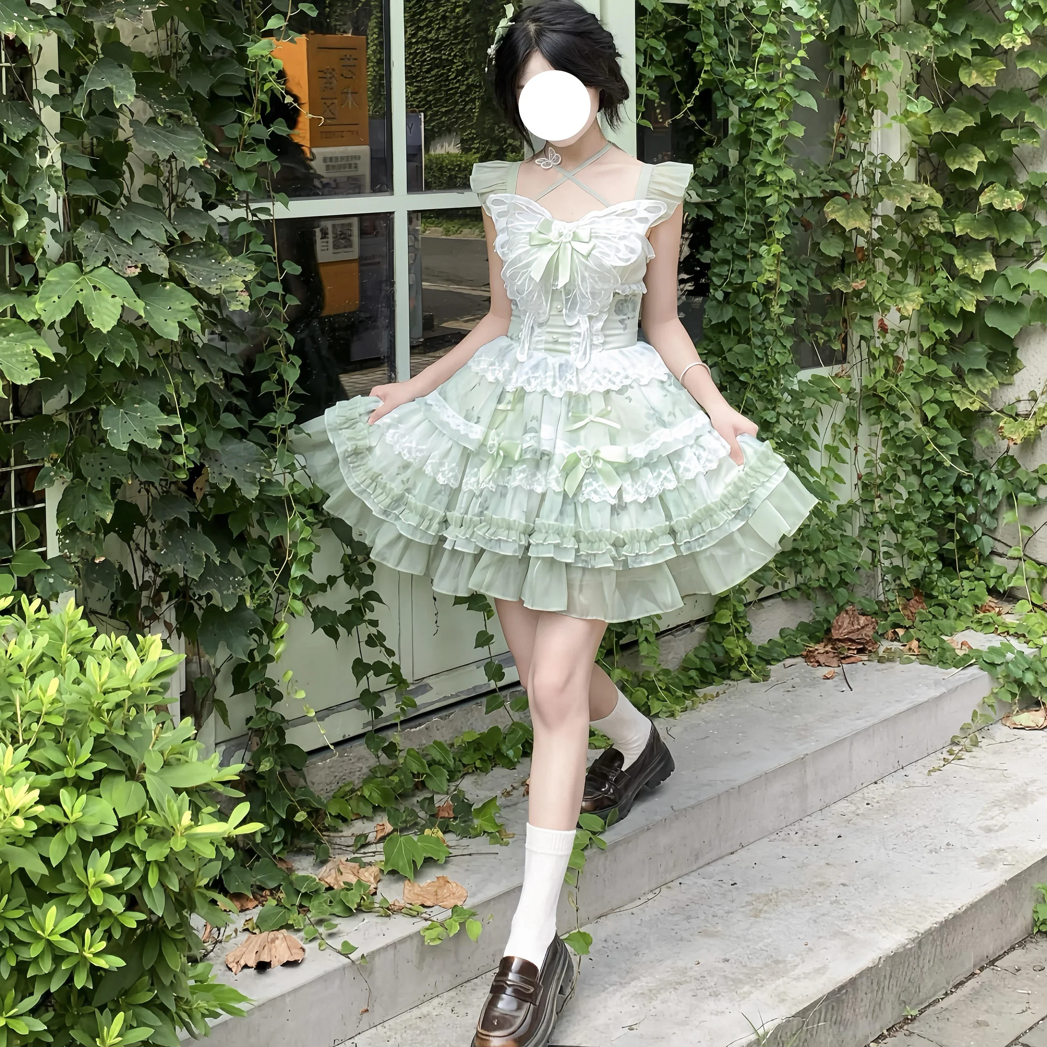 Hime Lolita Green Butterfly Summer Princess Girl Flower Cake Skirt Dresses