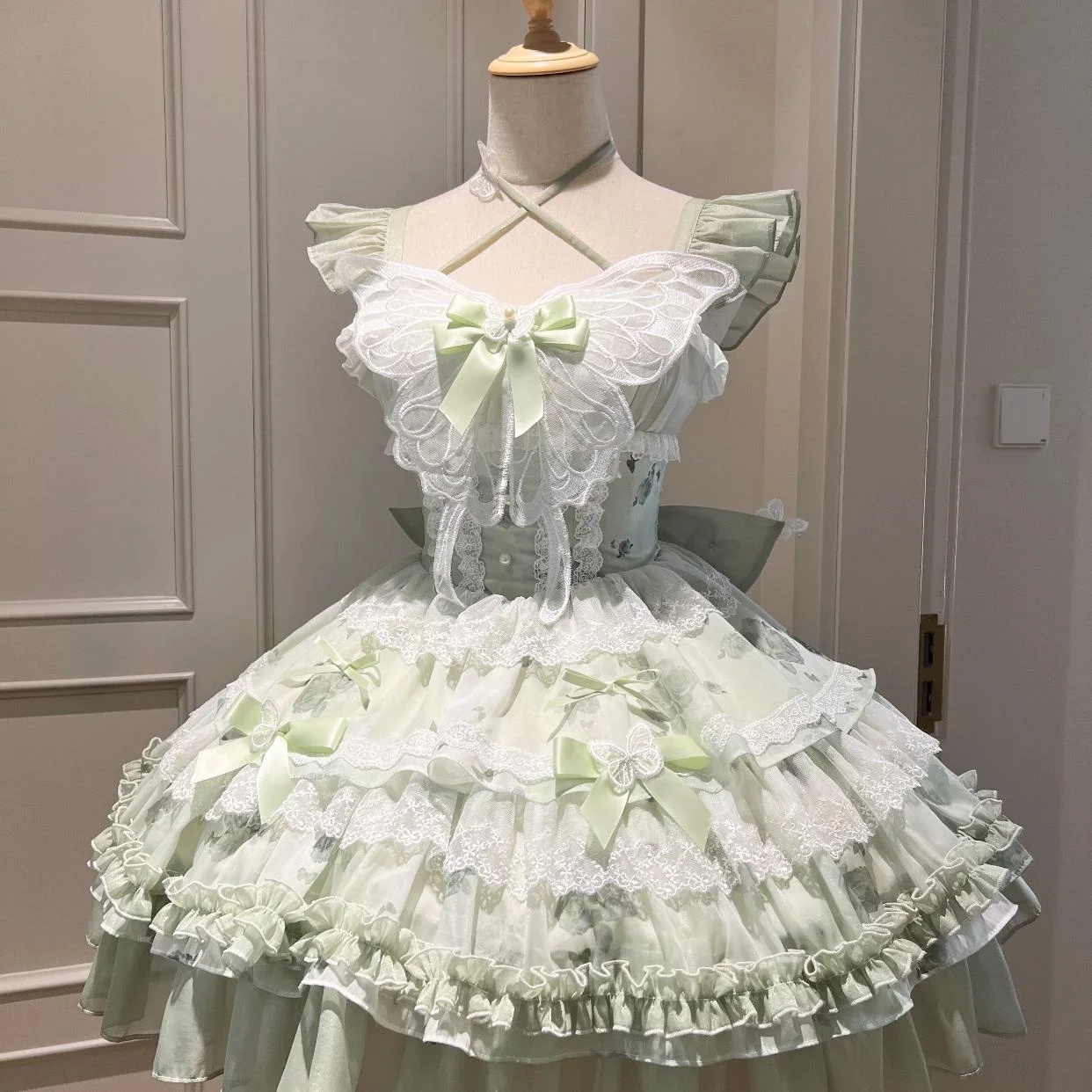 Hime Lolita Green Butterfly Summer Princess Girl Flower Cake Skirt Dresses