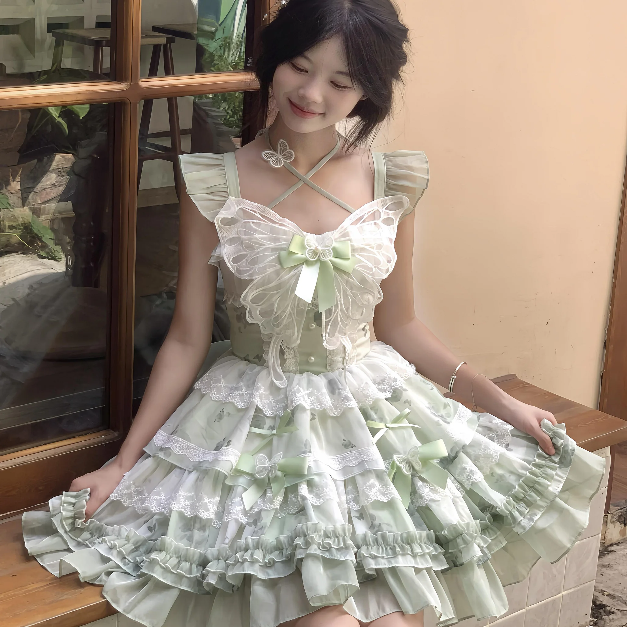 Hime Lolita Green Butterfly Summer Princess Girl Flower Cake Skirt Dresses