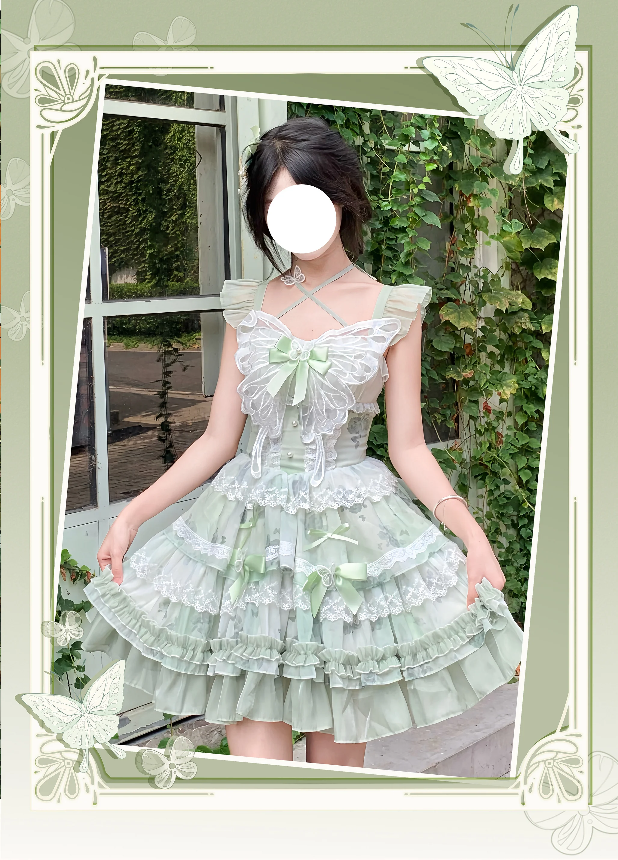 Hime Lolita Green Butterfly Summer Princess Girl Flower Cake Skirt Dresses