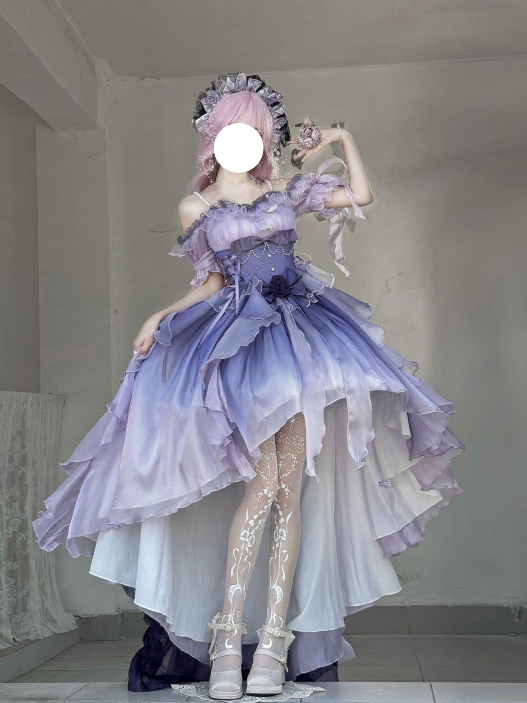 Hime Lolita Lavender Asymmetric Hem Ki Lolita Dress Purple One Piece Dress Lace Ruffle