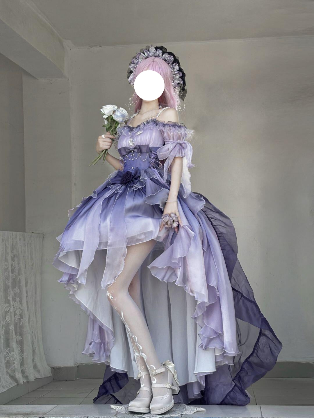 Hime Lolita Lavender Asymmetric Hem Ki Lolita Dress Purple One Piece Dress Lace Ruffle