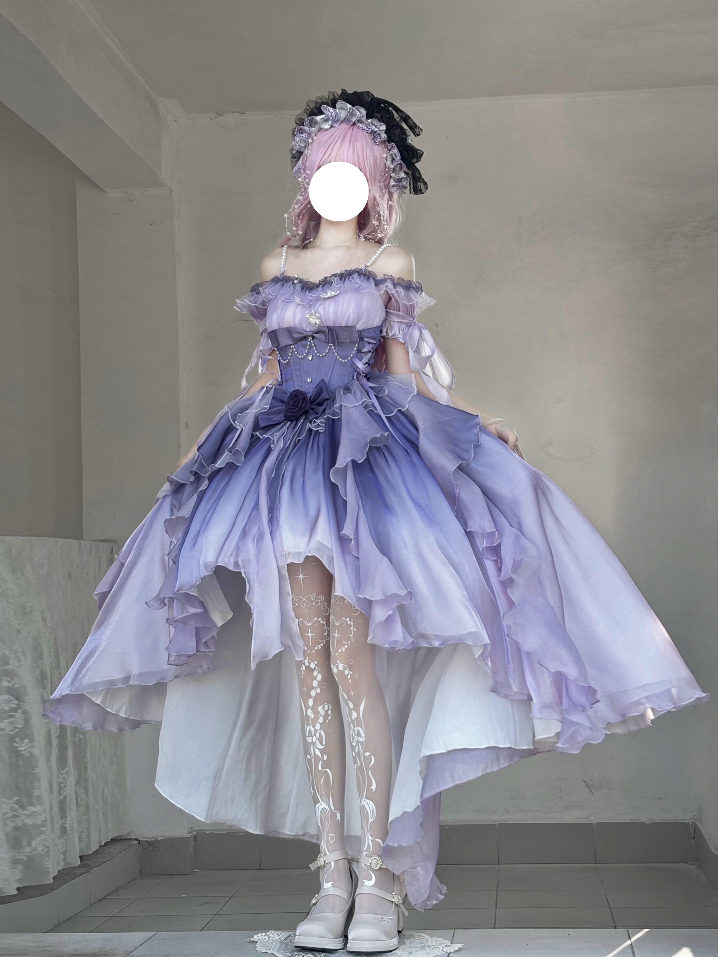 Hime Lolita Lavender Asymmetric Hem Ki Lolita Dress Purple One Piece Dress Lace Ruffle