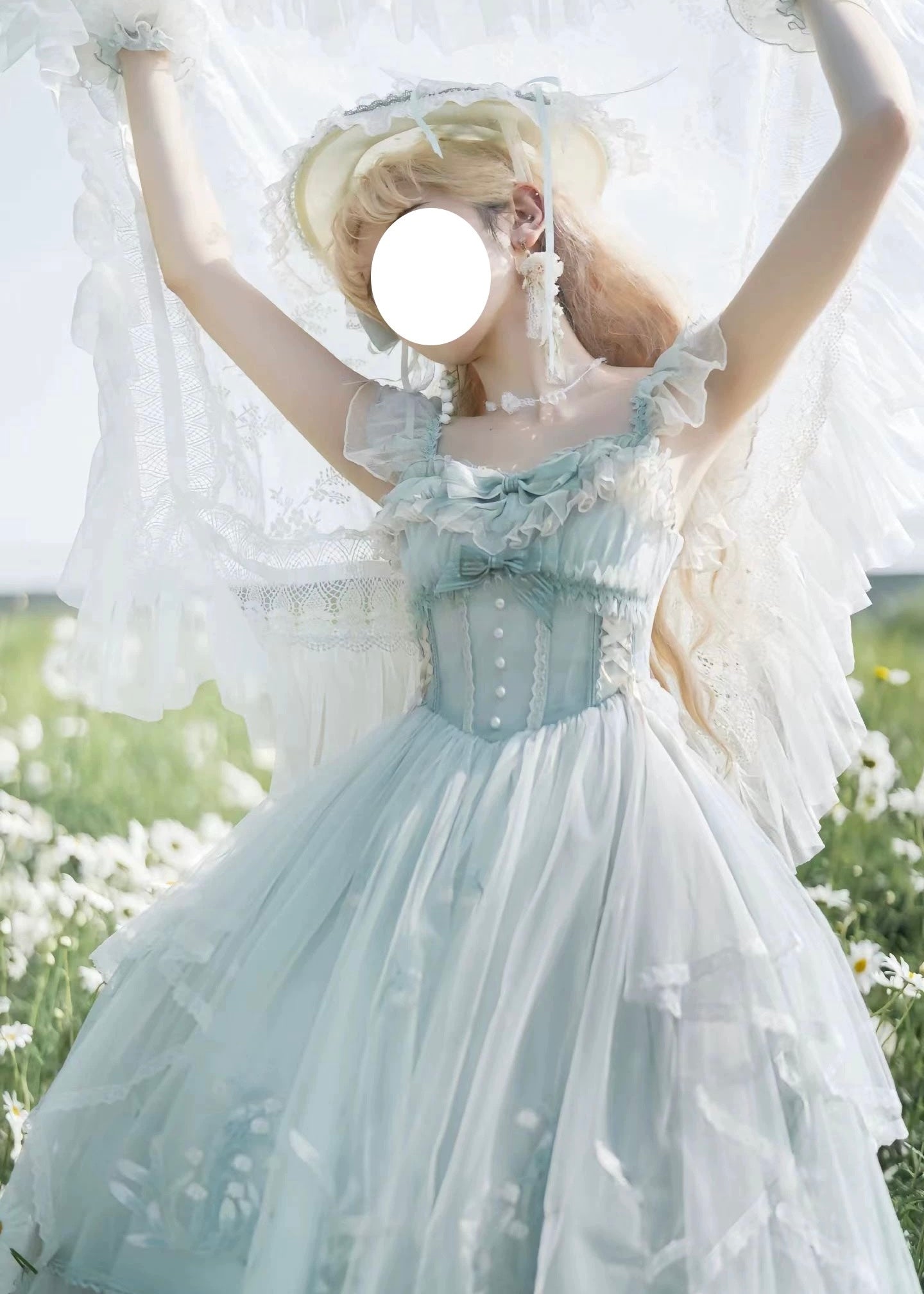 Hime Lolita Light Green Pink Floral Embroider Lace with Bow Princess Ball Gown Prom Dresses