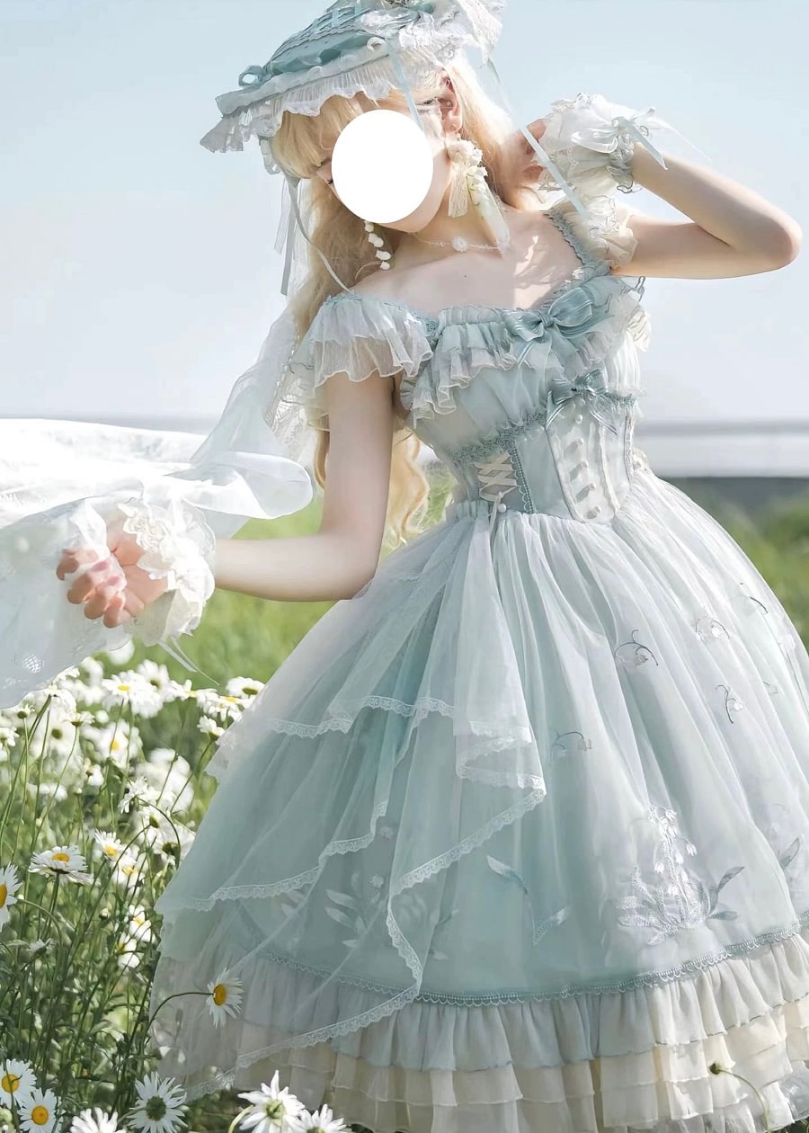 Hime Lolita Light Green Pink Floral Embroider Lace with Bow Princess Ball Gown Prom Dresses