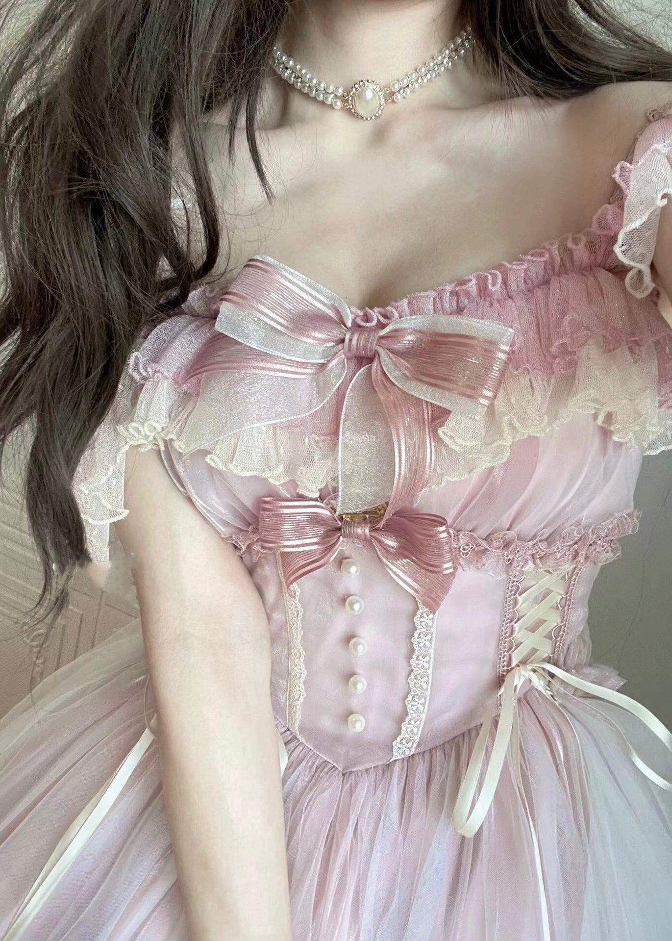 Hime Lolita Light Green Pink Floral Embroider Lace with Bow Princess Ball Gown Prom Dresses