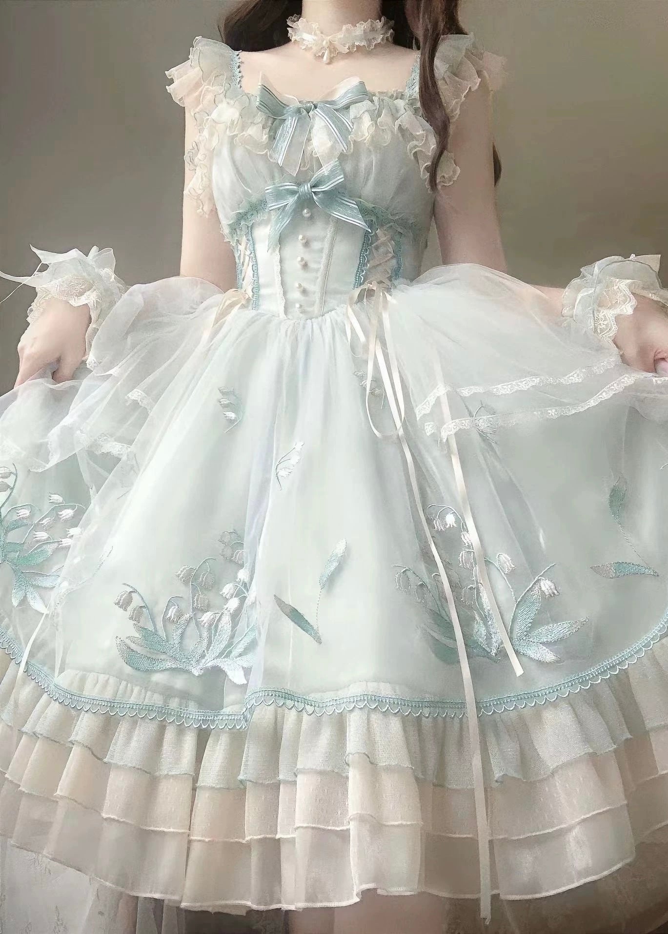 Hime Lolita Light Green Pink Floral Embroider Lace with Bow Princess Ball Gown Prom Dresses