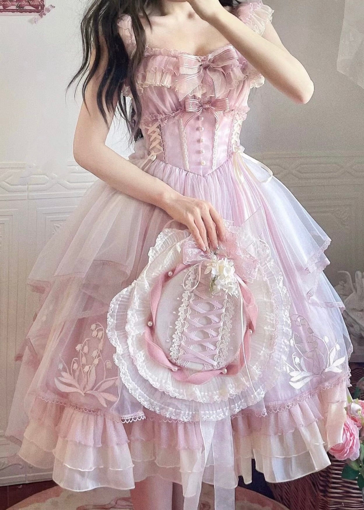 Hime Lolita Light Green Pink Floral Embroider Lace with Bow Princess Ball Gown Prom Dresses