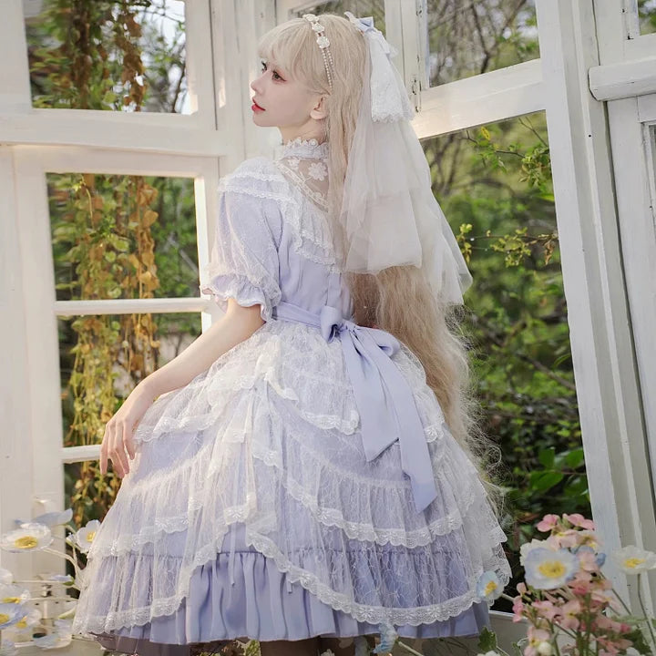 Hime Lolita Light Purple Iris Elegant Lolita Dress Lace Court Style Princess Dress Veil