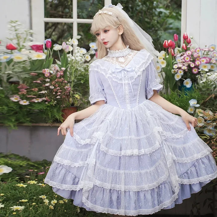 Hime Lolita Light Purple Iris Elegant Lolita Dress Lace Court Style Princess Dress Veil