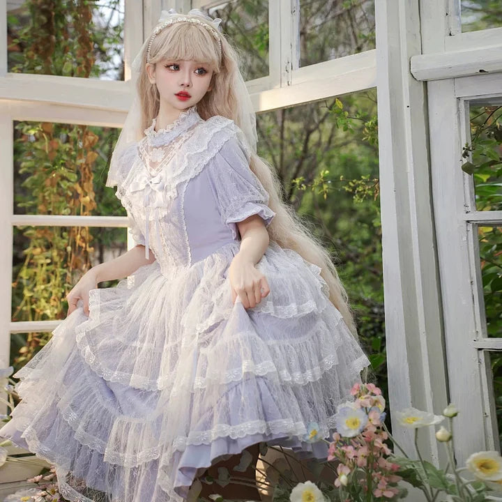 Hime Lolita Light Purple Iris Elegant Lolita Dress Lace Court Style Princess Dress Veil