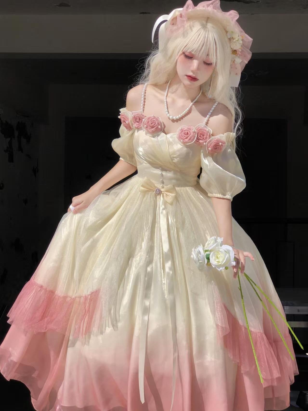 Hime Lolita Miss Dael Fairy Lolita OP Dress Elegant Prom Rose Dress Mint Green Long Dress Pink Graduation Ceremony