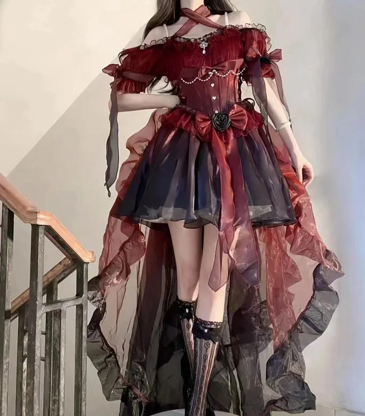 Hime Loita Red Black Romantic Irregular Gradient Ball Gown Dress with Bowknot Tailing Party Daily