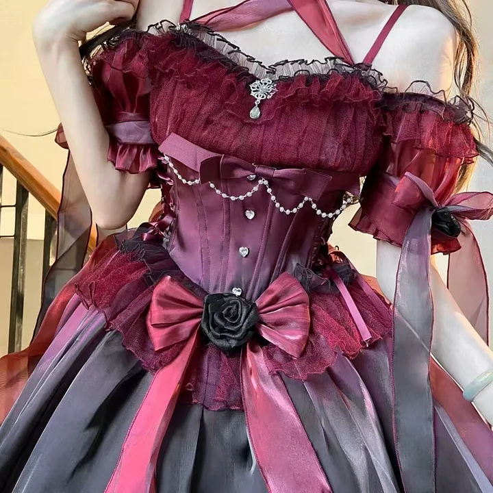 Hime Loita Red Black Romantic Irregular Gradient Ball Gown Dress with Bowknot Tailing Party Daily