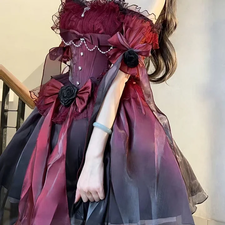 Hime Loita Red Black Romantic Irregular Gradient Ball Gown Dress with Bowknot Tailing Party Daily