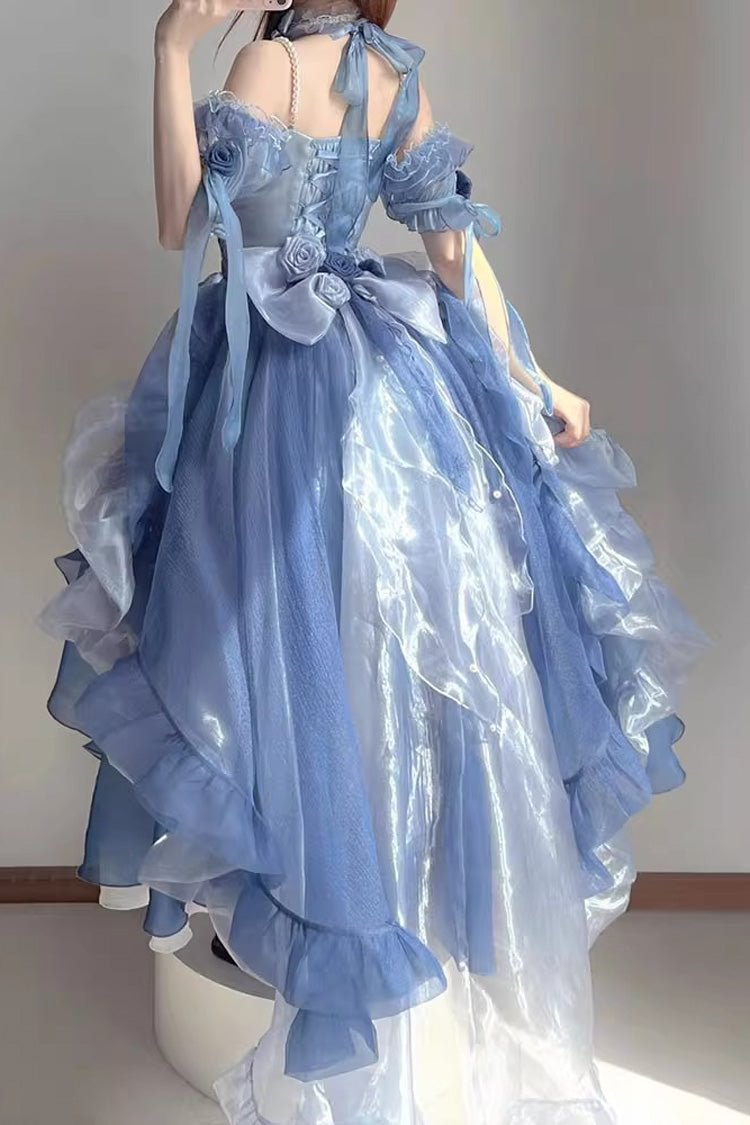 Hime Lolita Rose Blue Birthday Party Romantic Prom Dress Bowknot Princess Style Ball Gown