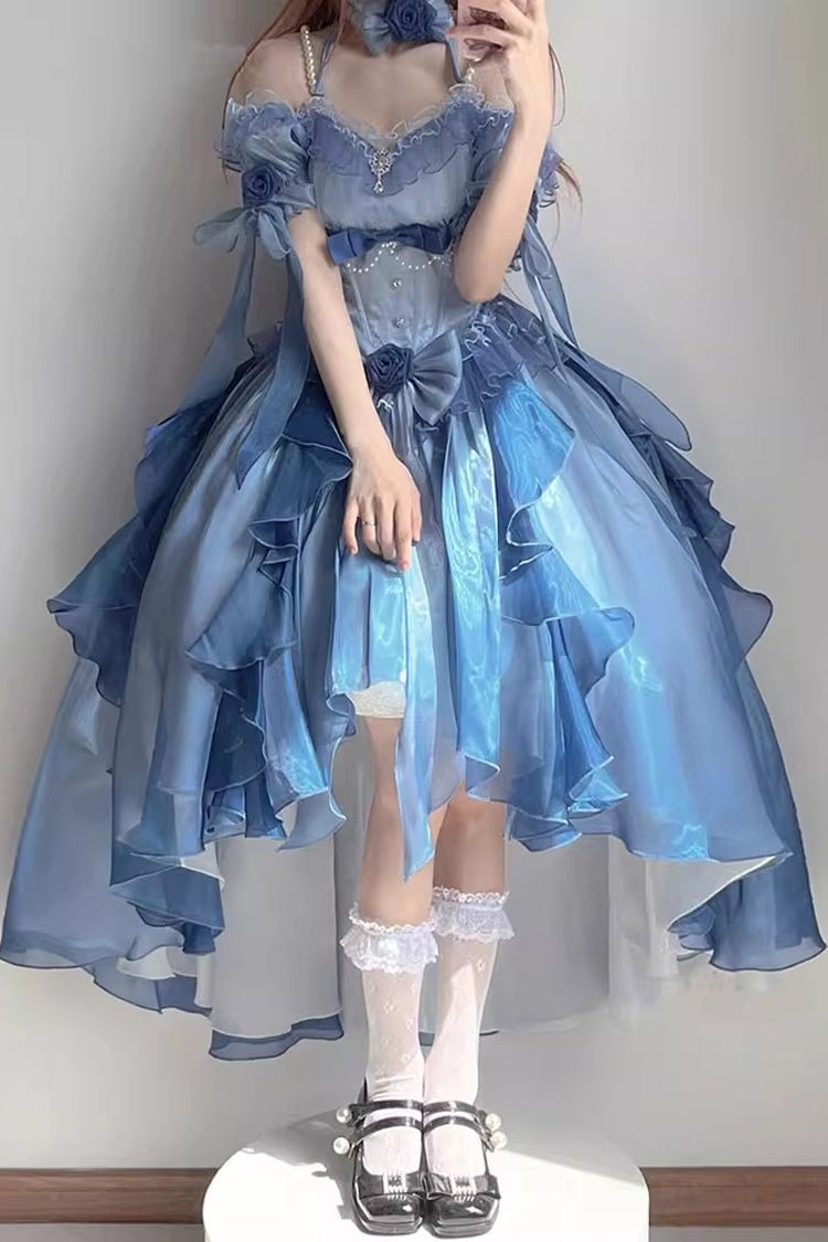 Hime Lolita Rose Blue Birthday Party Romantic Prom Dress Bowknot Princess Style Ball Gown