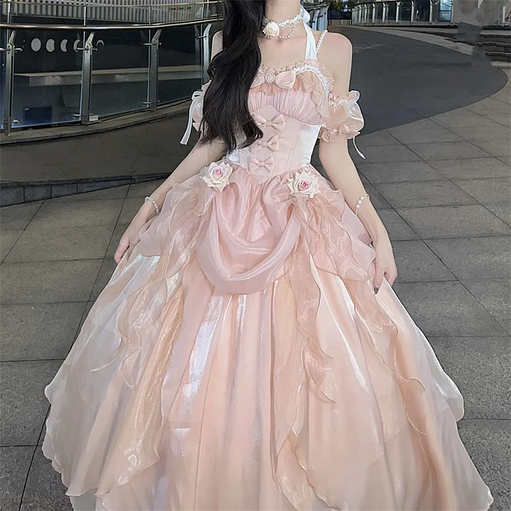 Hime Lolita Rose Fairy Princess Prom Dress JSK Wedding Green Pink Apricot Graduation Birthday Party