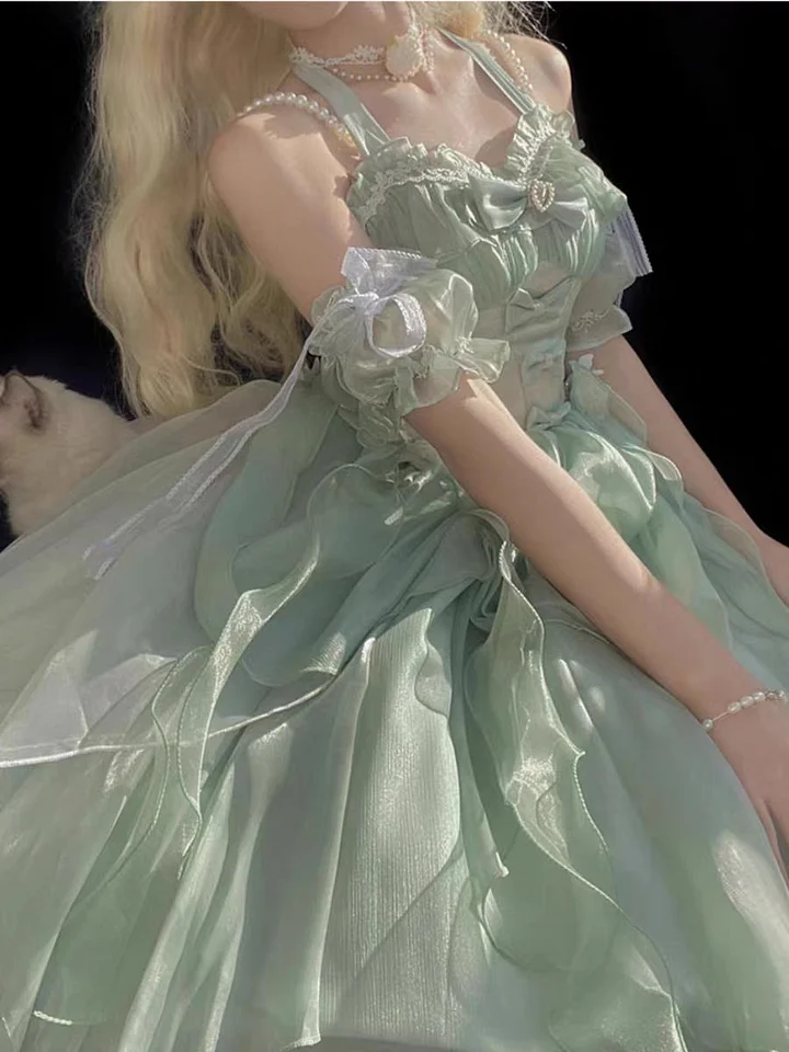 Hime Lolita Rose Fairy Princess Prom Dress JSK Wedding Green Pink Apricot Graduation Birthday Party