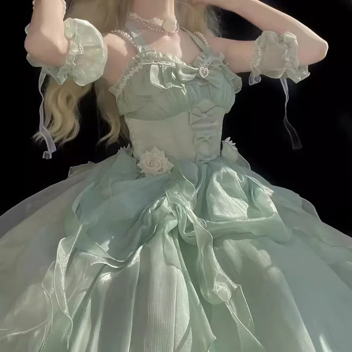 Hime Lolita Rose Fairy Princess Prom Dress JSK Wedding Green Pink Apricot Graduation Birthday Party