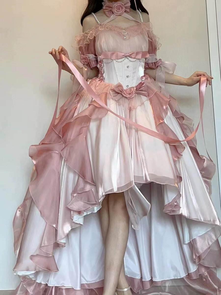 Hime Lolita Rose Pink Birthday Party Romantic Prom Dress Bowknot Princess Style Ball Gown