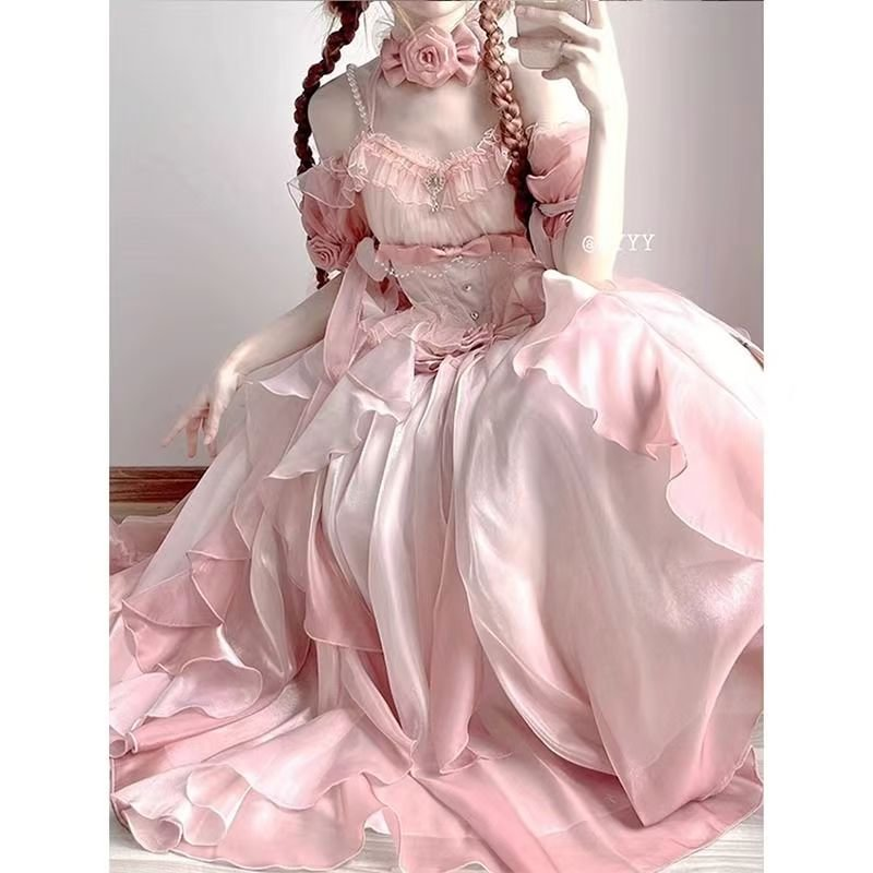 Hime Lolita Rose Pink Birthday Party Romantic Prom Dress Bowknot Princess Style Ball Gown