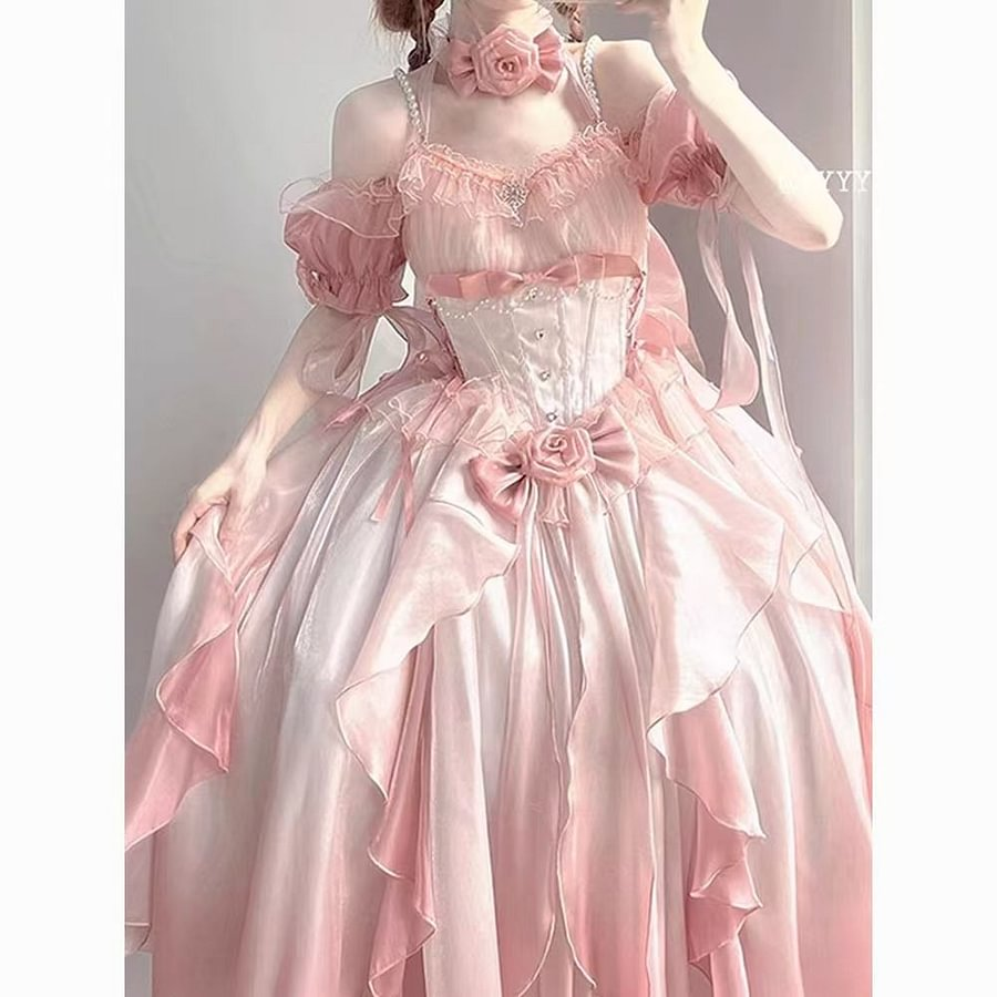 Hime Lolita Rose Pink Birthday Party Romantic Prom Dress Bowknot Princess Style Ball Gown