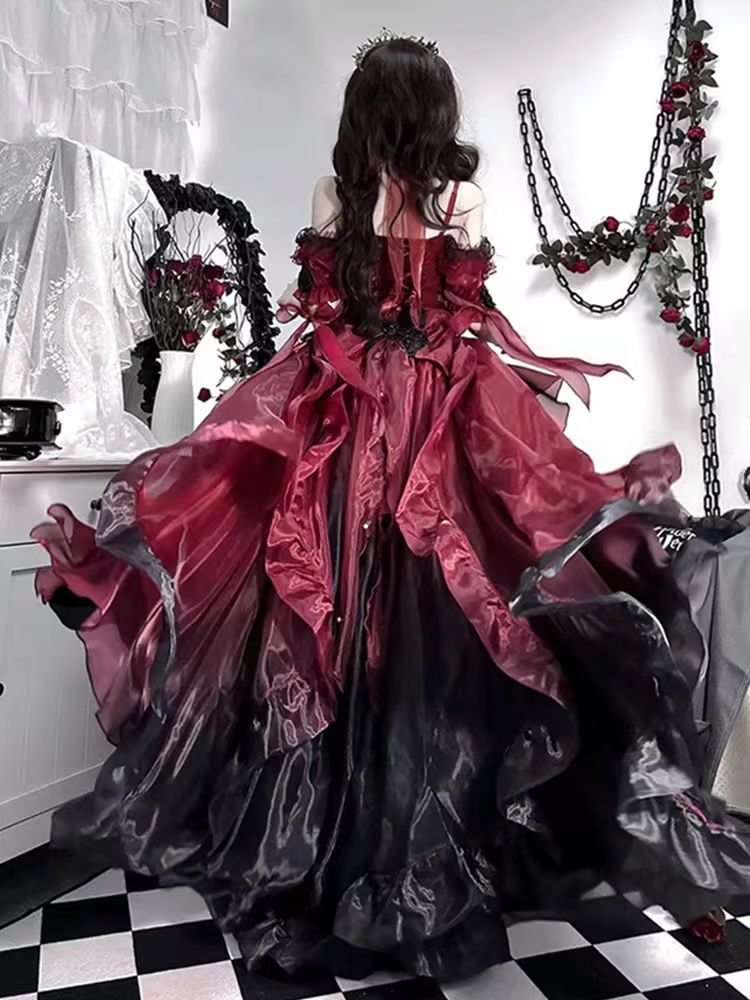 Hime Lolita Rose Red Birthday Party Romantic Prom Dress Bowknot Princess Style Ball Gown