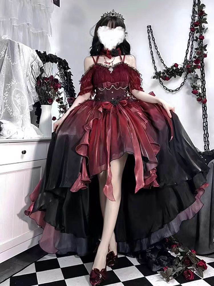 Hime Lolita Rose Red Birthday Party Romantic Prom Dress Bowknot Princess Style Ball Gown