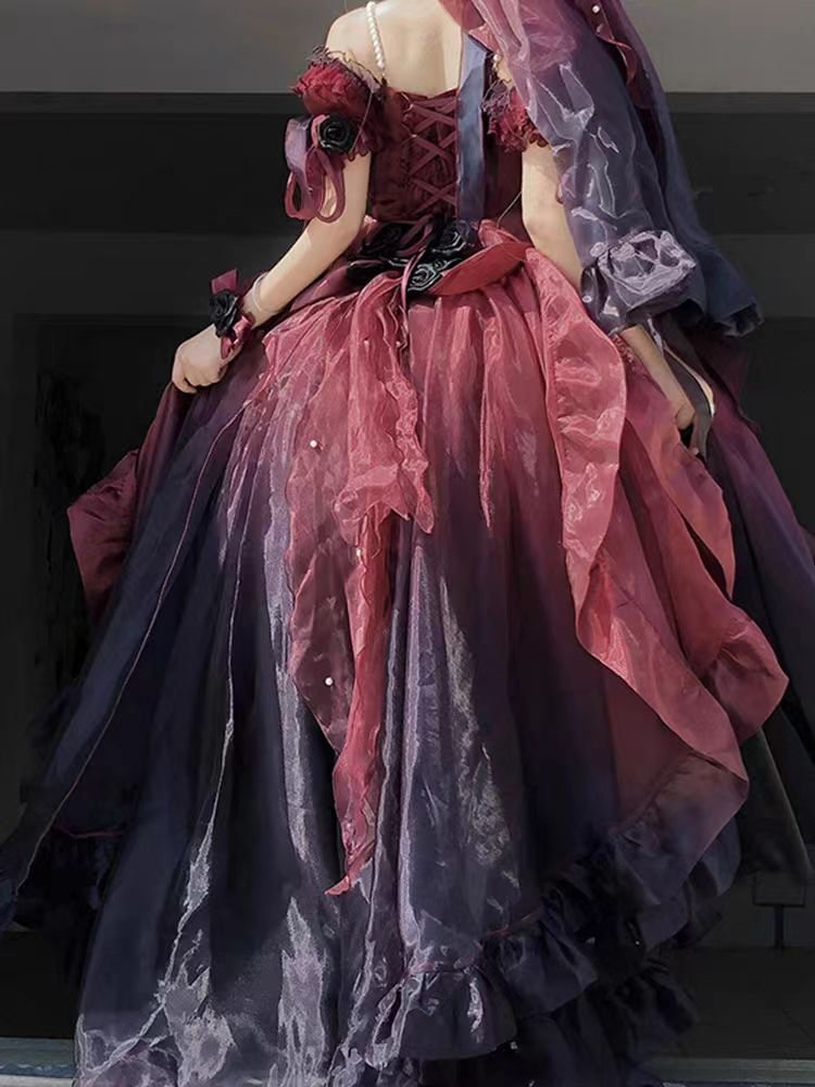 Hime Lolita Rose Red Birthday Party Romantic Prom Dress Bowknot Princess Style Ball Gown