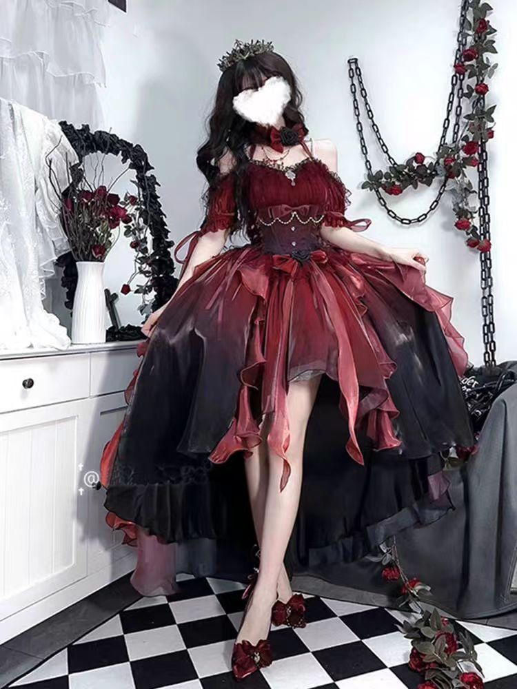 Hime Lolita Rose Red Birthday Party Romantic Prom Dress Bowknot Princess Style Ball Gown