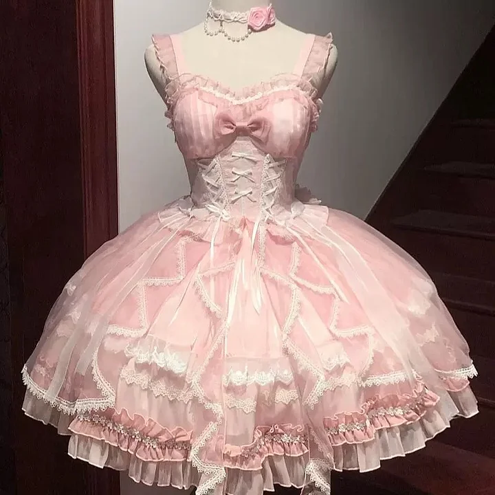 Hime Lolita Sweet Pink Gorgeous Lace Multi-layer Ballet Princess Dress Puff Sleeves Summer