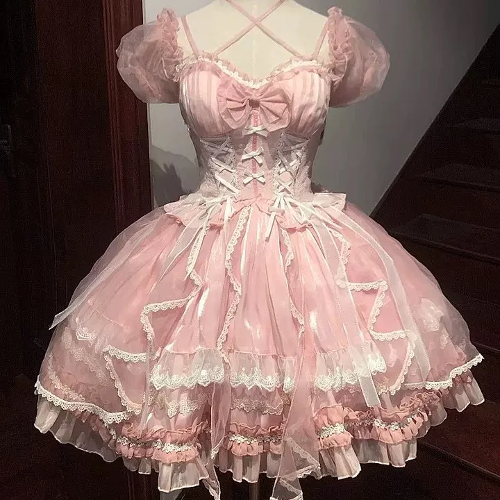 Hime Lolita Sweet Pink Gorgeous Lace Multi-layer Ballet Princess Dress Puff Sleeves Summer