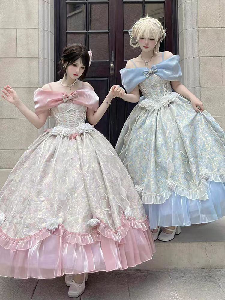 Hime Lolita Tea Party Fashion Pink with Bow Flower Gown Party Prom Dress Graduation Dresses Birthday