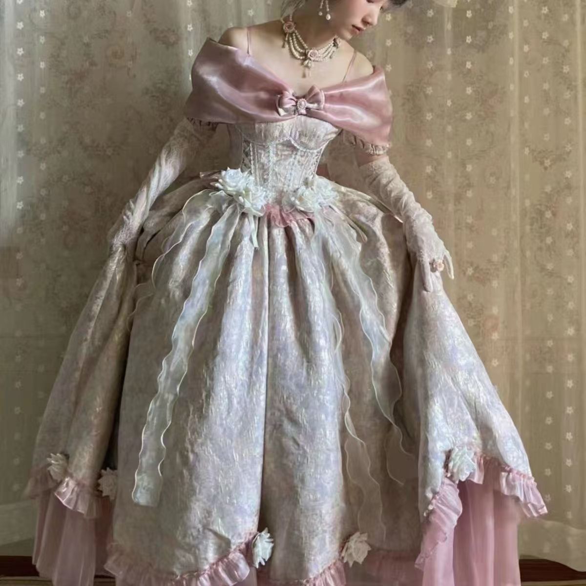Hime Lolita Tea Party Fashion Pink with Bow Flower Gown Party Prom Dress Graduation Dresses Birthday