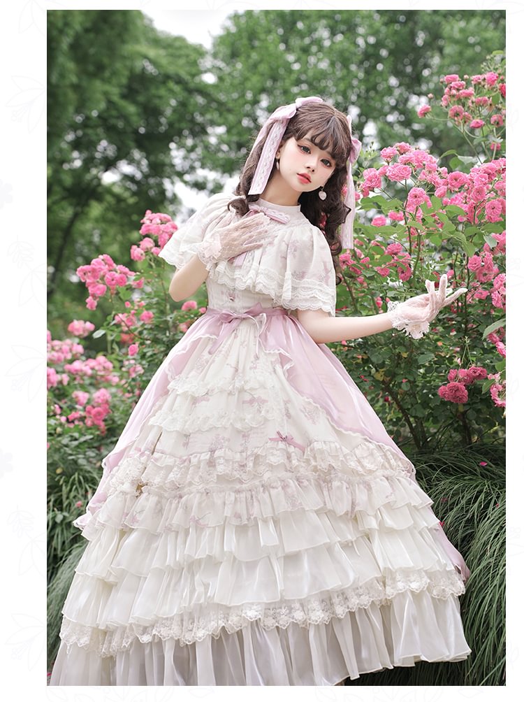 Hime Lolita Wedding Style Bellflower Print Pink White Elegant Vintage Dress Style Sweet Lolita Short Sleeve Ruffle Dress