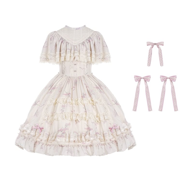 Hime Lolita Wedding Style Bellflower Print Pink White Elegant Vintage Dress Style Sweet Lolita Short Sleeve Ruffle Dress