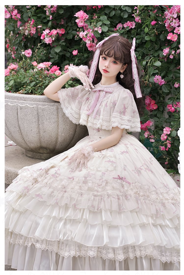 Hime Lolita Wedding Style Bellflower Print Pink White Elegant Vintage Dress Style Sweet Lolita Short Sleeve Ruffle Dress