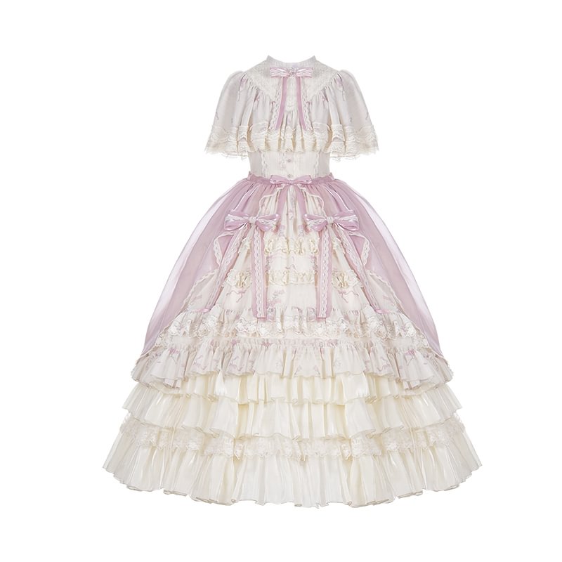 Hime Lolita Wedding Style Bellflower Print Pink White Elegant Vintage Dress Style Sweet Lolita Short Sleeve Ruffle Dress