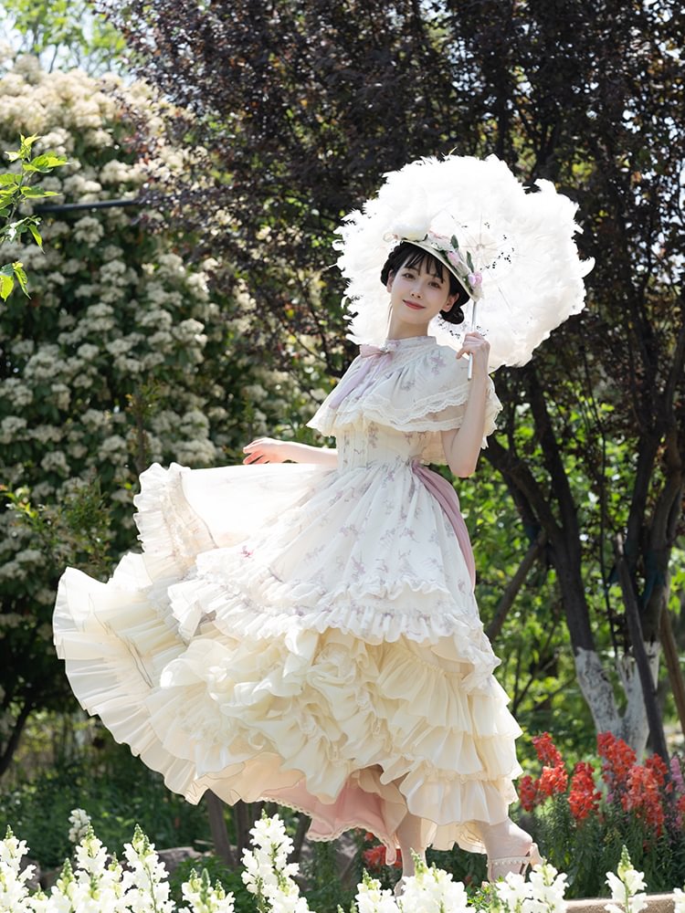 Hime Lolita Wedding Style Bellflower Print Pink White Elegant Vintage Dress Style Sweet Lolita Short Sleeve Ruffle Dress