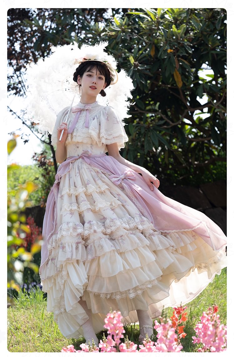 Hime Lolita Wedding Style Bellflower Print Pink White Elegant Vintage Dress Style Sweet Lolita Short Sleeve Ruffle Dress