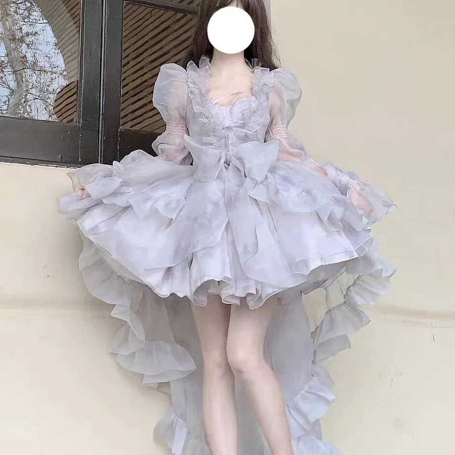 Hime Lolita Pink Blue Purple Princess Ball Gown Prom Party with Lace Ruffle Costume Dresses