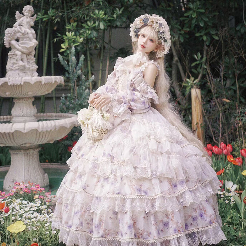 Hime Lolita Tea Party Fashion Ethereal Floral Blue Layer Lace Dress with Whimsical Accents