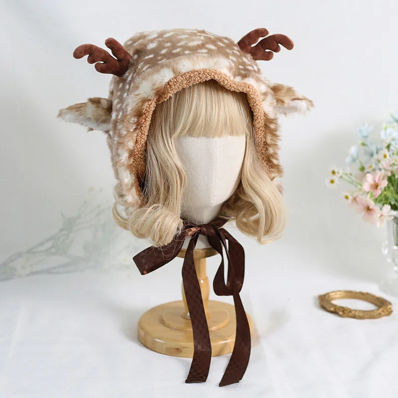 Japanese Sweet Autumn and Winter Elk Spotted Antlers Cute Ear Hat Winter Fleece Hat Christmas