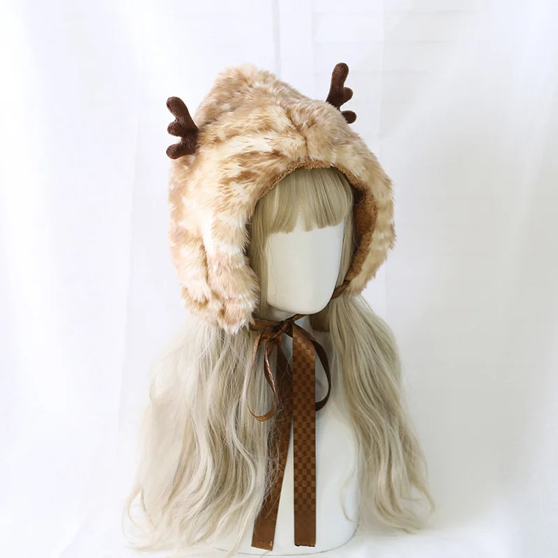 Japanese Sweet Autumn and Winter Elk Spotted Antlers Cute Ear Hat Winter Fleece Hat Christmas